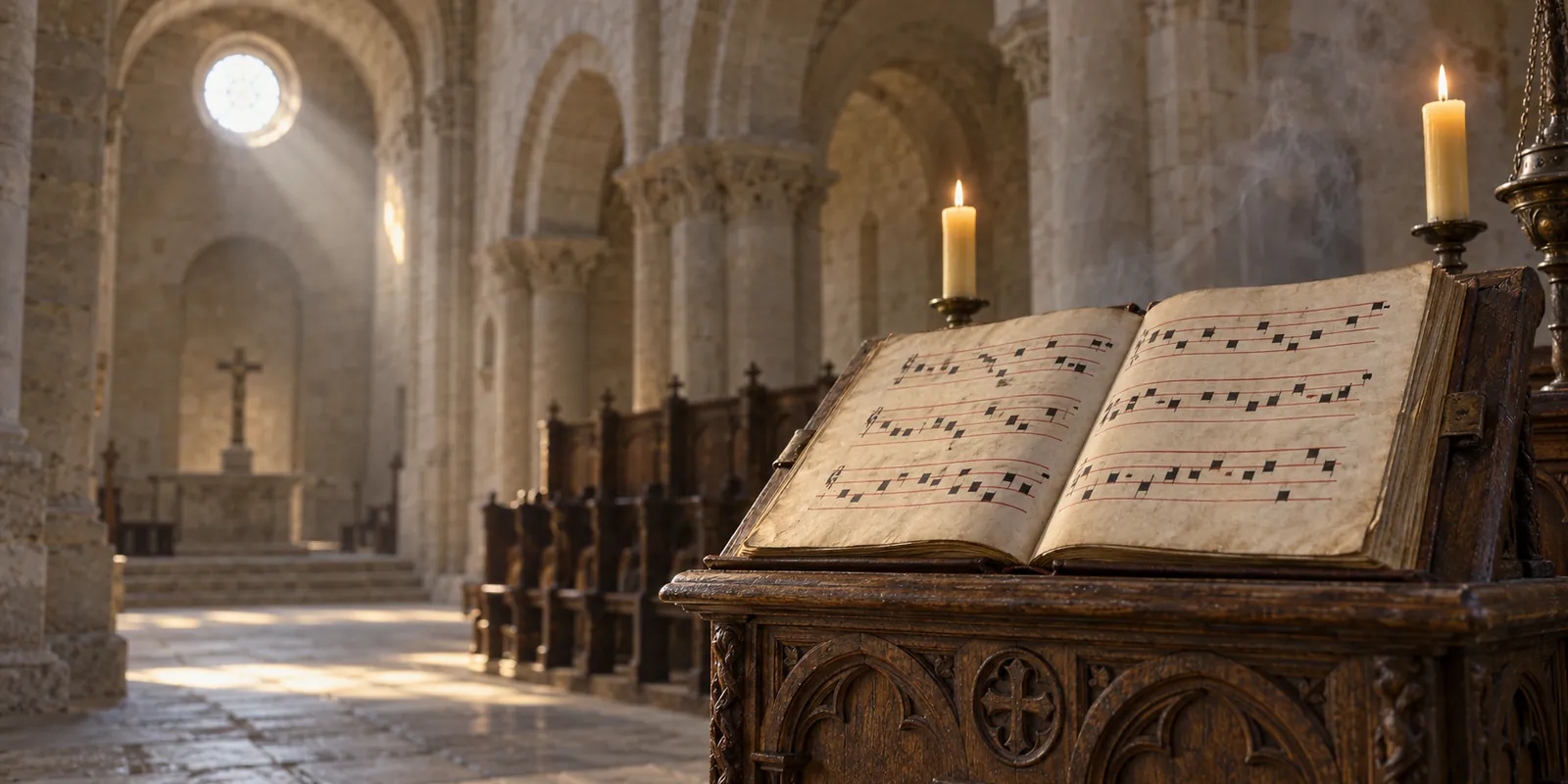 Antiphonaire grégorien ouvert sur un lutrin de chêne, entre deux cierges, dans une abbatiale romane